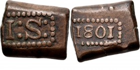 BATAAFSE REPUBLIEK 1799–1806 - 1 Stuiver-bonk 1801, Copper, Munten op Java geslagen Waarde I: S: in rechthoekige parelrand. Kz. jaartal in een zelfde ...