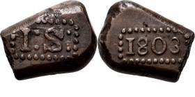 BATAAFSE REPUBLIEK 1799–1806 - 1 Stuiver-bonk 1803, Copper, Munten op Java geslagen Waarde I: S: in rechthoekige parelrand. Kz. jaartal in een zelfde ...