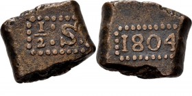 BATAAFSE REPUBLIEK 1799–1806 - ½ Stuiver-bonk 1804, Copper, Munten op Java geslagen Waarde ½: S: in rechthoekige parelrand. Kz. jaartal in een zelfde ...