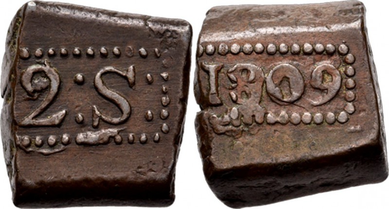 LODEWIJK NAPOLEON 1806–1811 - 2 Stuiver-bonk 1809, Copper, Munten op Java geslag...