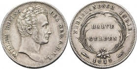 NEDERLANDS-INDISCH GOUVERNEMENT 1816–1949 - ½ Gulden 1834 overslag, Silver, WILLEM I 1816–1840 Mmt. fakkel. Hoofd naar rechts. Kz. waarde tussen palmt...