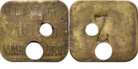 ONDERNEMINGSGELD / Plantation tokens - 10 Cent z.j. (1880–1890), PLANTAGE MARIËNBURG, SURINAME Rechthoekig geelkoperen plaatje. Binnen een parelrand P...