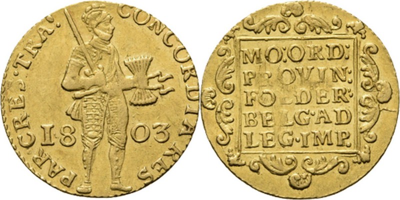 Gouden dukaat 1803 Staande ridder met zwaard en pijlenbundel tussen jaartal, zon...