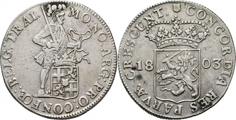 Zilveren Dukaat 1803 Staande ridder met zwaard en provinciaal wapen aan lint. Kz...