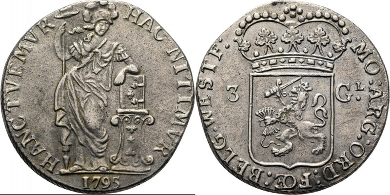 3 Gulden 1795 Staande Nederlandse maagd met bijbel en vrijheidshoed, jaartal in ...