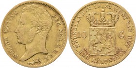 10 Gulden of gouden tientje 1832 Jong hoofd naar links door A. Michaut. TYPE I a (1818–1837). Mmt. fakkel, mt. mercuriusstaf. Utrechtse slag.Sch. 185....