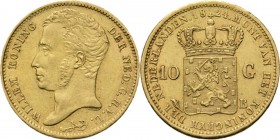 10 Gulden of gouden tientje 1824 Jong hoofd naar links door A. Michaut. TYPE I c	(1824–1829). Mmt. palmtak, mt. B. Te Brussel geslagen.Sch. 190., Gold...