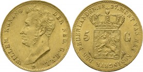 5 Gulden of gouden vijfje 1827 Jong hoofd naar links door A. Michaut. TYPE I a (1827). Mmt. fakkel, mt. mercuriusstaf. Te Utrecht geslagen.Sch. 196., ...