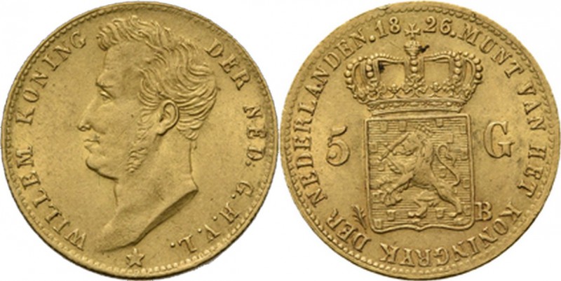 5 Gulden of gouden vijfje 1826 Jong hoofd naar links door A. Michaut. TYPE I b (...