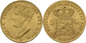 5 Gulden of gouden vijfje 1826 Jong hoofd naar links door A. Michaut. TYPE I b (1826–1827). Mmt. palmtak, mt. B. Te Brussel geslagen.Sch. 197., Gold3....