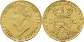 5 Gulden of gouden vijfje 1826 Jong hoofd naar links door A. Michaut. TYPE I b (1826–1827). Mmt. palmtak, mt. B. Te Brussel geslagen.Sch. 197., Gold3....