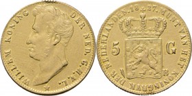5 Gulden of gouden vijfje 1827 Jong hoofd naar links door A. Michaut. TYPE I b (1826–1827). Mmt. palmtak, mt. B. Te Brussel geslagen.Sch. 198., Gold3....