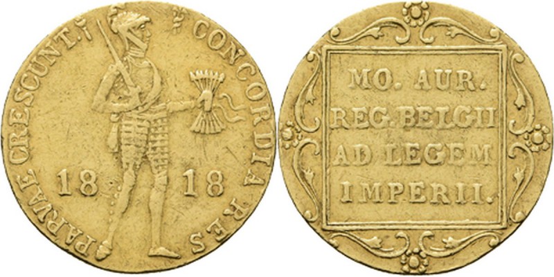 Gouden dukaat 1818 Staande ridder met pijlbundel. Kz. 4-regelige tekst in versie...