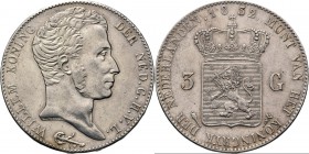 3 Gulden 1832 over 1824 Jong hoofd naar rechts door A. Michaut. TYPE II a (1818–1832). Mmt. fakkel, mt. mercuriusstaf. Utrechtse slag.Sch. 250a., Silv...