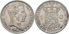 1 Gulden 1824 Hoofd naar rechts. TYPE I a (1818–1837). Jong hoofd. Mmt. fakkel, mt. mercuriusstaf. Utrechtse slag. Zonder streepje tussen kroon en wap...