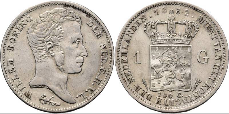 1 Gulden 1832 Hoofd naar rechts. TYPE I a (1818–1837). Jong hoofd. Mmt. fakkel, ...