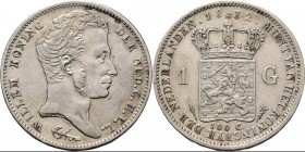 1 Gulden 1832 Hoofd naar rechts. TYPE I a (1818–1837). Jong hoofd. Mmt. fakkel, mt. mercuriusstaf. Utrechtse slag. Sch. 267., Silver10.68 g Zeer fraai...