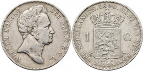 1 Gulden 1840 Hoofd naar rechts. TYPE II (1840). Ouder hoofd. Mmt. lelie, mt. mercuriusstaf. Utrecht.Sch. 278., Silver9.88 g Fraai +/Vrijwel zeer fraa...