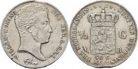 ½ Gulden 1829 overslag Jong hoofd naar rechts door A. Michaut. TYPE I b (1829–1830). Mmt. palmtak, mt. B. Te Brussel geslagen.Sch. 282., Silver5.31 g....