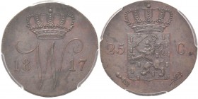 25 Cent of kwartje afslag in brons 1817 Gekroonde sierlijke letter W tussen jaartal. TYPE I a (1817). Mmt. helmteken, mt. mercuriusstaf. Utrechtse sla...