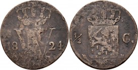 ½ Cent 1824 Gekroonde letter W tussen jaartal. TYPE I a (1818–1837). Mmt. fakkel, mt. mercuriusstaf. Utrechtse slag.Sch. 355., Copper Muntplaatje met ...