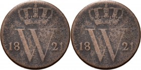 ½ Cent 1821 Gekroonde letter W tussen jaartal. TYPE I b (1821–1828). Mmt. palmtak, mt. B. Te Brussel geslagen.Sch. 366, Copper1.91 g. RR Fraai/Fraai +...