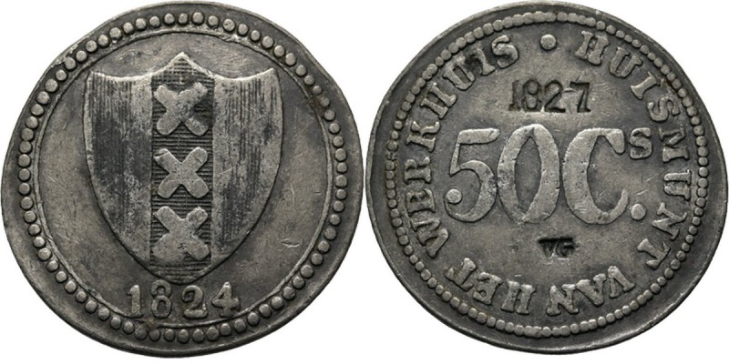 Huismunt van 50 cent 1824, Huismunten en gevangenisgeld, WERKHUIS AMSTERDAM (182...
