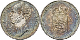 1 Gulden 1843 Hoofd naar links door D. v. d. Kellen Jr. Mt. mercuriusstaf. TYPE II a (1842–1846). Lange hals. Mmt. lelie.Sch. 520., Silver10.00 g. Moo...