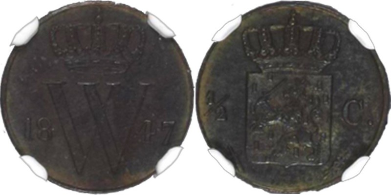 ½ Cent 1847 Gekroonde W tussen jaartal. Mt. mercuriusstaf. TYPE I b (1846–1847)....
