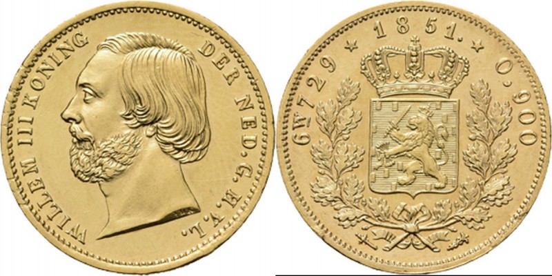 Enkele Willem of 10 gulden 1851 Hoofd naar links door D. v.d. Kellen Jr. Kz. gek...