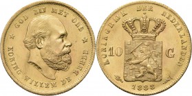10 Gulden of gouden tientje. 1888 Hoofd rechts door I. P. M. Menger. Kz. rijkswapen tussen 10 – G. Mt. mercuriusstaf. Kartelrand. TYPE II b (1888–1889...