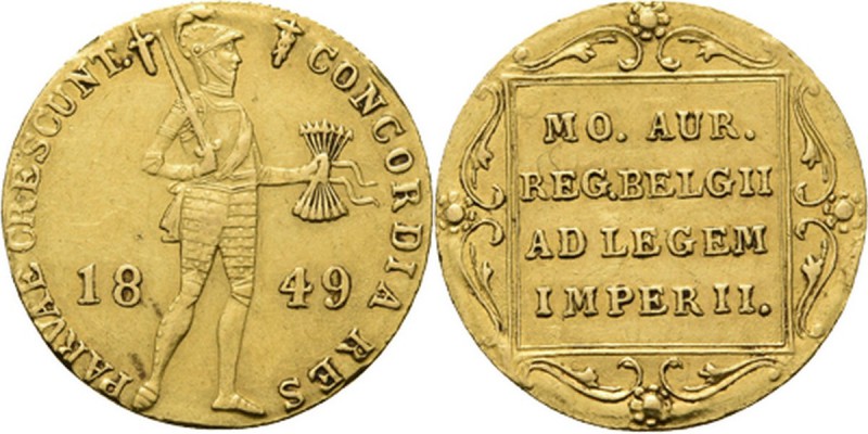 Gouden dukaat 1849 Staande ridder met zwaard en pijlbundel. Kz. tekst in versier...