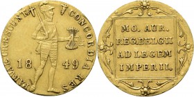 Gouden dukaat 1849 Staande ridder met zwaard en pijlbundel. Kz. tekst in versierd vierkant. Mt. mercuriusstaf. TYPE I a (1849–1874). Mmt. zwaard. Russ...