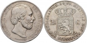 2½ Gulden of rijksdaalder. 1863 Hoofd naar rechts door J. P. Schouberg. Mt. mercuriusstaf. TYPE I a (1849–1874). Mmt. zwaard.Sch. 589., Silver RR. Opg...