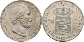 2½ Gulden of rijksdaalder 1866 Hoofd naar rechts door J. P. Schouberg. Mt. mercuriusstaf. TYPE I a (1849–1874). Mmt. zwaard.Sch. 592., Silver24.98 g P...