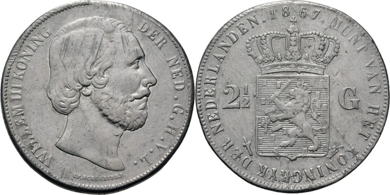 2½ Gulden of rijksdaalder. 1867 Hoofd naar rechts door J. P. Schouberg. Mt. merc...
