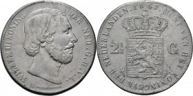 2½ Gulden of rijksdaalder. 1867 Hoofd naar rechts door J. P. Schouberg. Mt. mercuriusstaf TYPE I (1849–1874). Mmt. zwaard.Sch. 593., Silver22.57 g. Co...