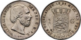 1 Gulden 1855 Hoofd naar rechts door J. P. Schouberg. Mmt. zwaard, mt. mercuriusstaf.Sch. 608., Silver9.98 g Prachtig