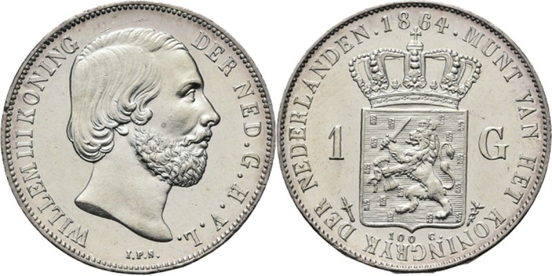1 Gulden 1864 Hoofd naar rechts door J. P. Schouberg. Mmt. zwaard, mt. mercurius...
