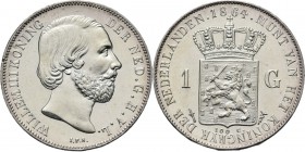 1 Gulden 1864 Hoofd naar rechts door J. P. Schouberg. Mmt. zwaard, mt. mercuriusstaf.Sch. 616., Silver9.98 g. Klein randhakje, overigens een net exemp...