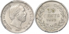 10 Cent of dubbeltje 1882 Hoofd naar rechts door J. P. Schouberg. Mt. mercuriusstaf. Kartelrand. TYPE I c (1876–1885). Mmt. bijl.Sch. 660., Silver PCG...