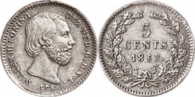 5 Cents of stuiver 1853 Hoofd naar rechts door J. P. Schouberg. Mt. mercuriusstaf. TYPE I a (1850–1869). Mmt. zwaard.Sch. 667, Silver RR Zeer fraai +...