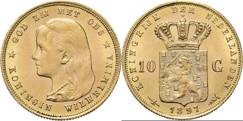 10 Gulden of gouden tientje. 1897 TYPE I (1892–1897). Jong hoofd met ‘hangend ha...
