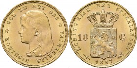 10 Gulden of gouden tientje. 1897 TYPE I (1892–1897). Jong hoofd met ‘hangend haar’ naar links door W. J. Schammer. Mmt. hellebaard.Sch. 742b., Gold6....