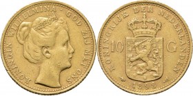 10 Gulden of gouden tientje 1898 Hoofd naar rechts. Mt. mercuriusstaf. TYPE II (1898). ‘Kroningstype’ door P. Pander. Mmt. hellebaard.Sch. 744., Gold6...