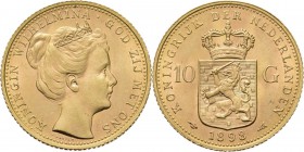 10 Gulden of gouden tientje 1898 Hoofd naar rechts. Mt. mercuriusstaf. TYPE II (1898). ‘Kroningstype’ door P. Pander. Mmt. hellebaard.Sch. 744, GoldZo...