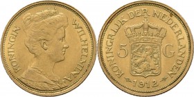 5 Gulden of gouden vijfje 1912 ‘Hermelijnen mantel’ door J. C. Wienecke. Zonder mmt. en mt.Sch. 754., Gold3.36 g Prachtig