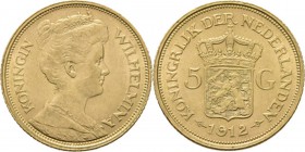 5 Gulden of gouden vijfje 1912 ‘Hermelijnen mantel’ door J. C. Wienecke. Zonder mmt. en mt.Sch. 754., Gold3.36 g Zeer fraai +