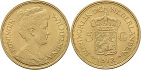 5 Gulden of gouden vijfje 1912 ‘Hermelijnen mantel’ door J. C. Wienecke. Zonder mmt. en mt.Sch. 754., Gold3.35 g Zeer fraai +