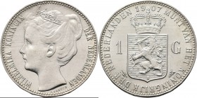 1 Gulden 1907 Hoofd naar links. Mt. mercuriusstaf. TYPE II c (1904–1908). ‘Kroningstype’ door P. Pander. Zonder 100 – C onder het wapenschild. Mmt. he...
